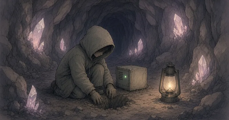結晶の光る洞窟で、小さなサーバーの箱のそばを掘るフードの人物の手描きイラスト