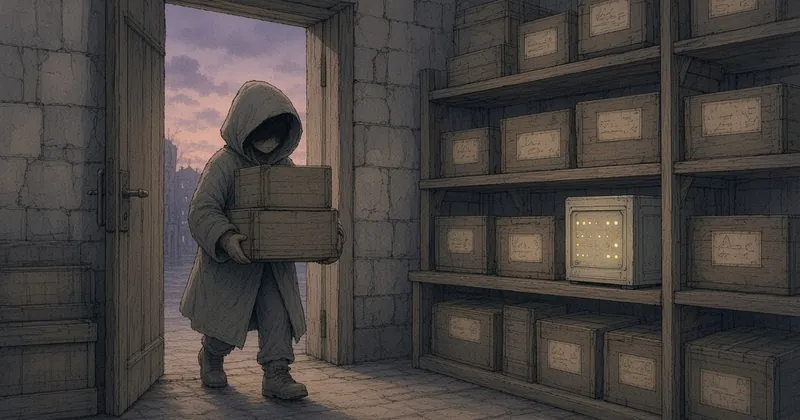 木箱を倉庫の棚へ運び込むフードの人物の手描きイラスト
