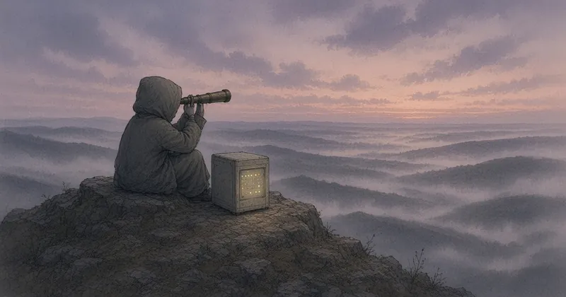 丘の上から望遠鏡で霧の地平線を見るフードの人物の手描きイラスト