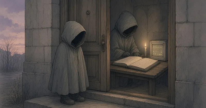 扉の外で待つ人物と、中で名簿を確かめる人物の手描きイラスト