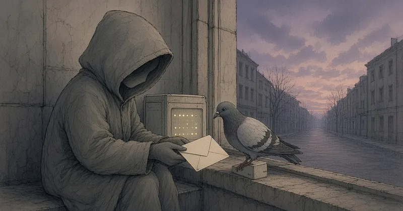 窓辺で招待の手紙を鳩に託すフードの人物の手描きイラスト