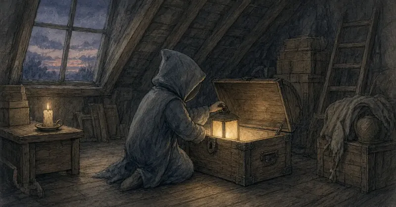 屋根裏で灯りを宝箱にしまうフードの人物の手描きイラスト