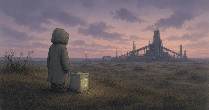 夕暮れの草原で、遠くの工場を眺めるフードの人物と小さなサーバーの箱の手描きイラスト