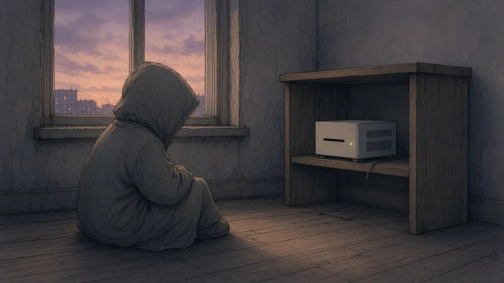 夕暮れの部屋で、棚の上で小さく光るミニPCを見つめるフードの人物の手描きイラスト