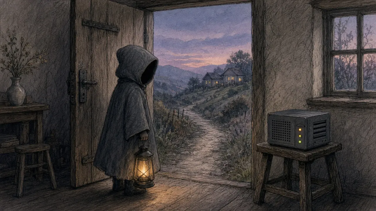 夕暮れの家の戸口で、ランタンを手に友だちの家へ続く道を見つめるフードの人物の手描きイラスト