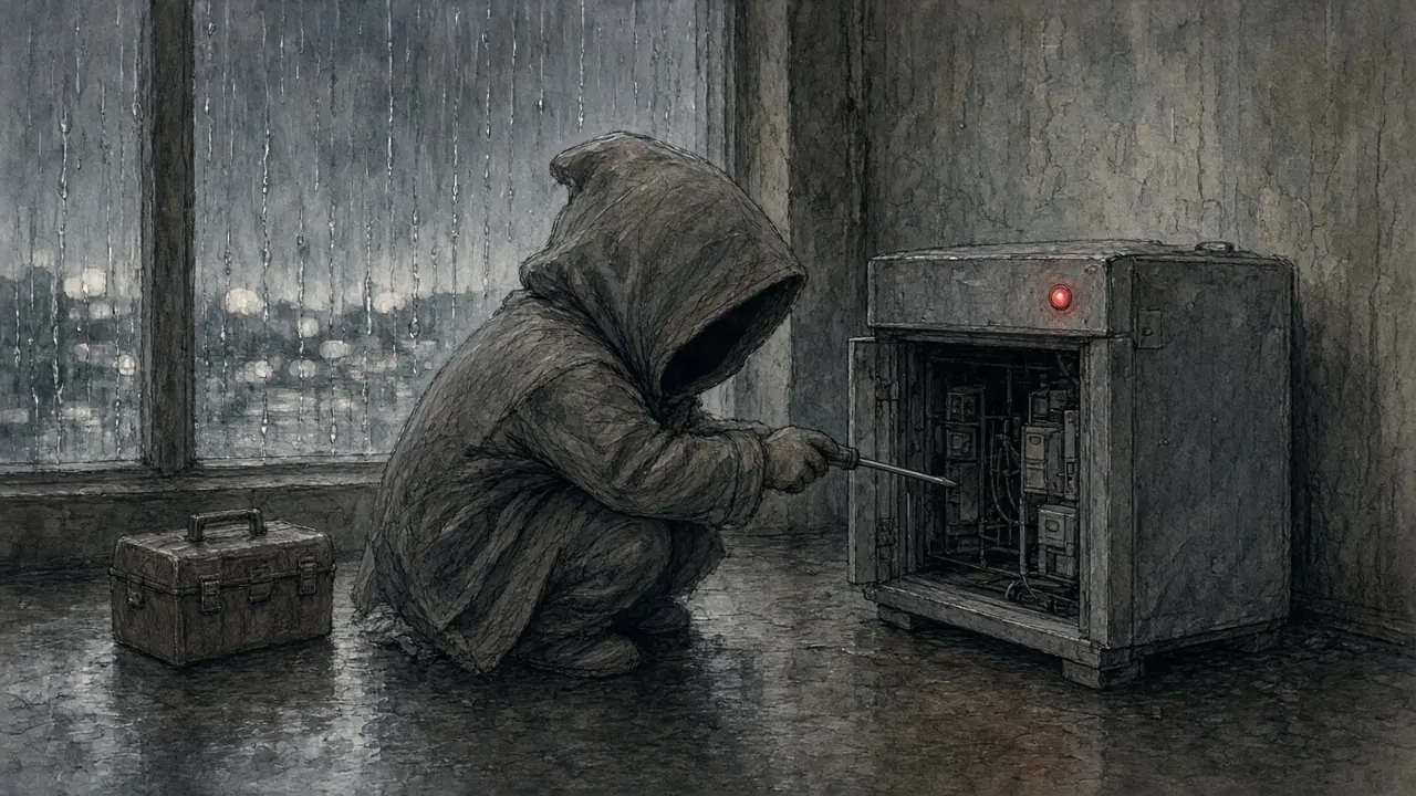 雨の夜、赤いランプが点いた小さなサーバーの側面を開けて直すフードの人物のイラスト
