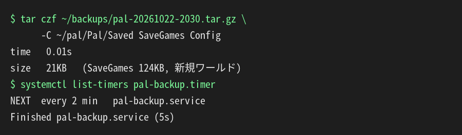 tarでSaveGamesとConfigを固めて0.01秒・21KB、systemdタイマーで2分ごとにバックアップが完了した結果