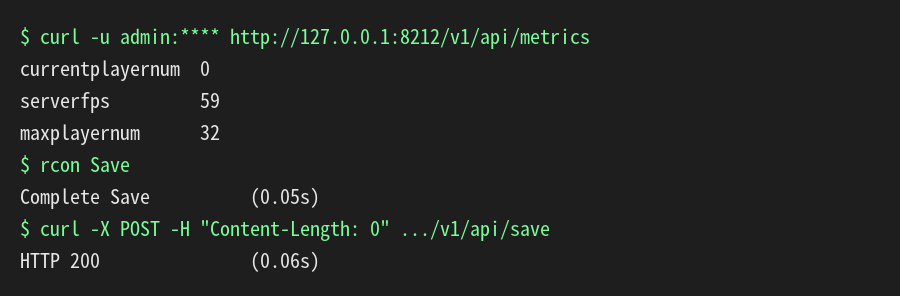 REST APIのmetricsで現在の人数0、serverfps 59、最大人数32を取得し、RCONとRESTで保存した結果